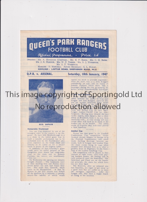 ARSENAL Programme for the away Football Combination Cup match v QPR 18/1/1947, very slightly