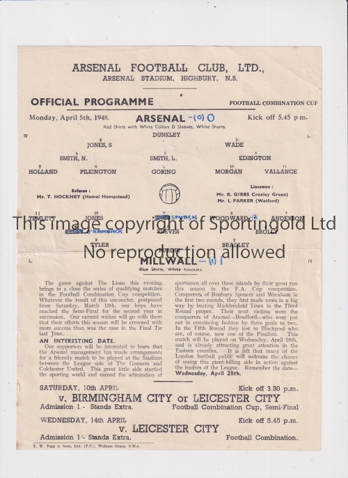 ARSENAL Single sheet programme for the home Football Combination Cup match at Arsenal 5/4/1948,