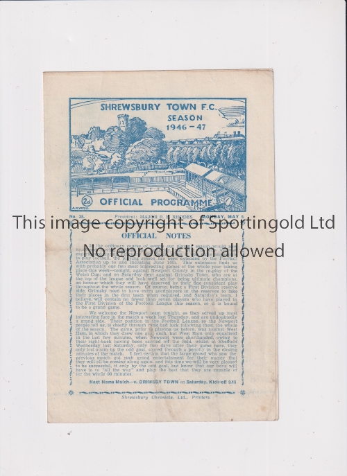 1947 SHREWSBURY TOWN V NEWPORT COUNTY WELSH SENIOR CUP REPLAY Programme for the game at Gay Meadow