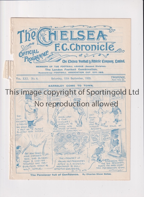 CHELSEA Programme for the home League match v Barnsley 12/9/1925, ex-binder, minor tear and tiny