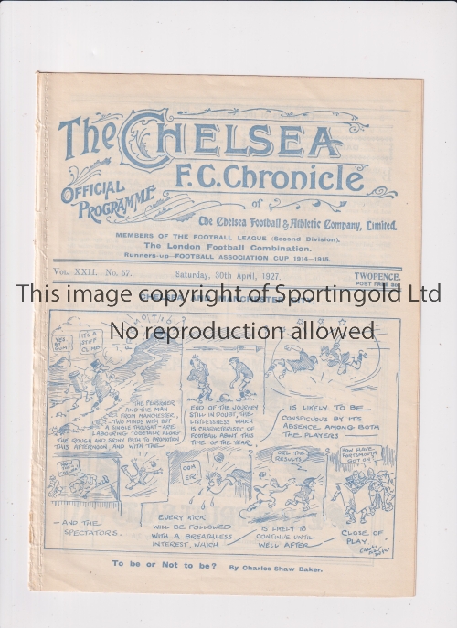 CHELSEA Programme for the home League match v Manchester City 30/4/1927, ex-binder. Generally good