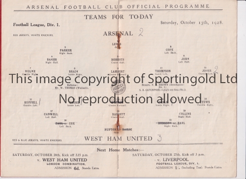 ARSENAL Programme for the home League match v West Ham United 13/10/1928, rusty staples. Generally