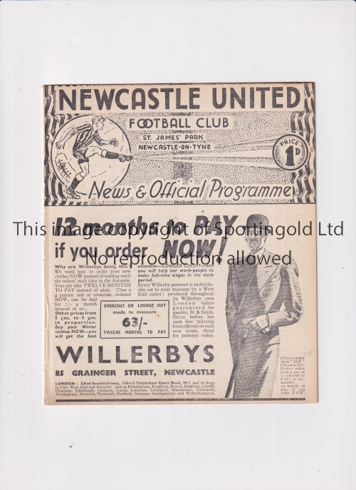 TOTTENHAM HOTSPUR Programme for the away League match v Newcastle United 12/9/1936, ex-binder.