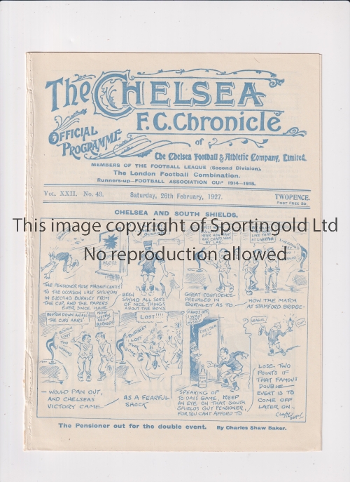 CHELSEA Programme for the home League match v South Shields 26/2/1927, ex-binder. Generally good