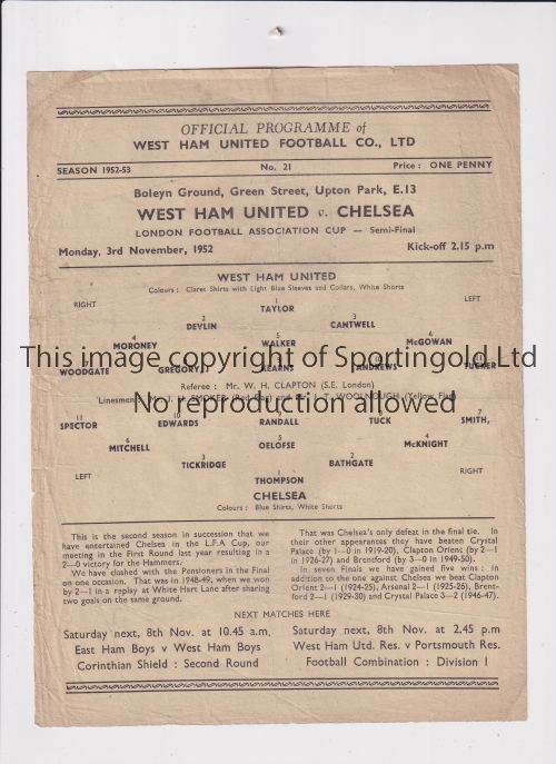 1952 WEST HAM UNITED v CHELSEA London FA Cup Semi-Final. Official single sheet programme for the