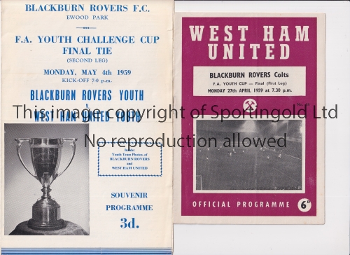 1959 FA YOUTH CUP FINAL Programmes for both legs of West Ham United v Blackburn Rovers. At West