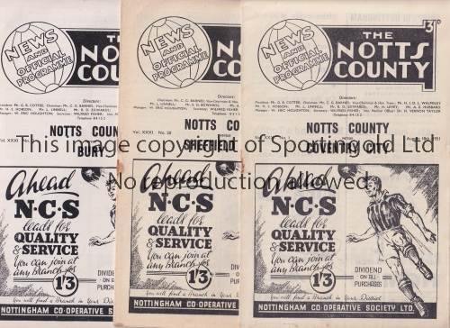 NOTTS. COUNTY Seven home programmes for 1951/2 season v Coventry, Sheff. Weds., Bury, Cardiff,