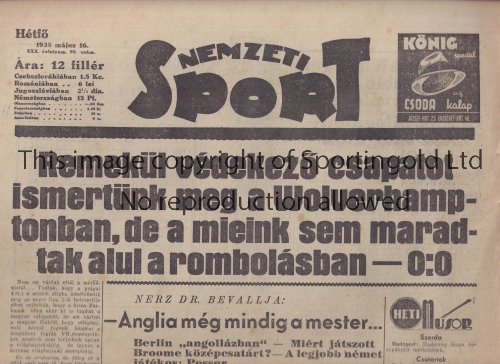 WOLVES Hungarian daily sports newspaper, Nemzeti Sport 16/5/1938, from the day after this