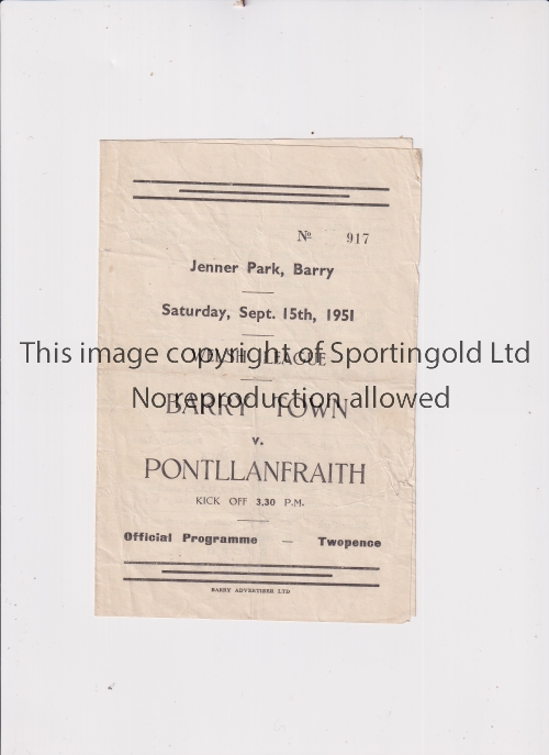 1951 BARRY TOWN V PONTLLANFRAITH A programme for the Welsh League game at Jenner Park dated 15/9/51.