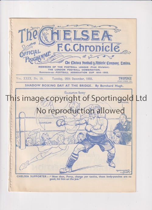 CHELSEA Programme for the home League match v Sunderland 26/12/1933, ex-binder. Generally good