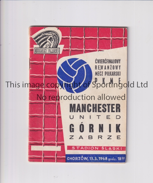 MANCHESTER UNITED Programme for the away European Cup Quarter-Final v Gornik Zabrze 13/3/1968 in