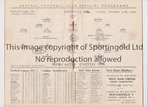 ARSENAL Programme for the home League match v Newcastle United 30/11/1929, scores entered. Generally