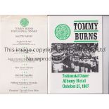 CELTIC / TOMMY BURNS Programme and menu for the Testimonial Dinner in Glasgow 25/10/1987. The menu