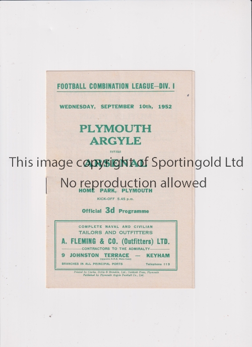 ARSENAL Programme for the away Football Combination match v Plymouth Argyle 10/9/1952, team