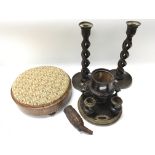 A pair of oak barley twist candle sticks a stool a
