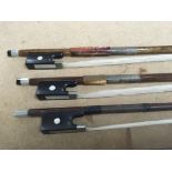 3 vintage unmarked violin bows. (Each 74.5cm).