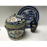 A Chinese blue and with porcelain dish, A Cantonese porcelain jar and lid and a small cloisonne