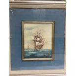 A framed and glazed oil painting of a sailing ship