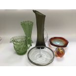 A collection of coloured and clear glass items inc