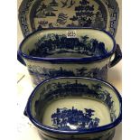 Two large blue and white Victorian style oval jard