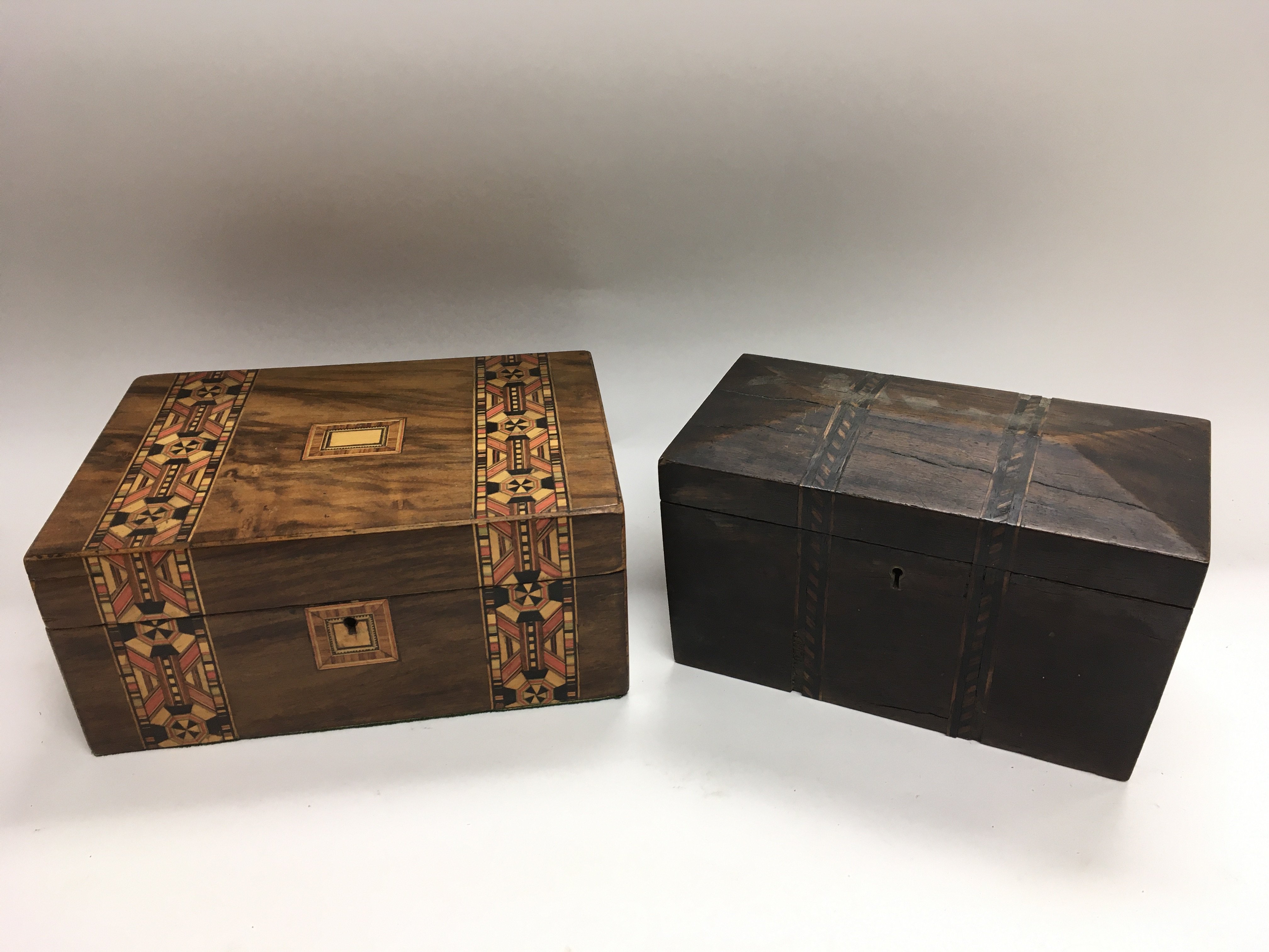 A Tunbridgeware box and a mahogany tea caddy (2).