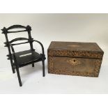 A Small early 19th century chair possible hawthorn and a tunbridge type late Victorian tea caddy
