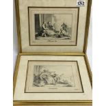 Two framed pencil sketches, signed, depicting women and children around fire/ baskets of food-