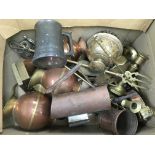 A box of metalware comprising mainly brass and cop