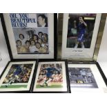 A collection of football prints, some signed, comp