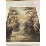 A gilt framed water colour depicting a water fall 20 by 25 cm