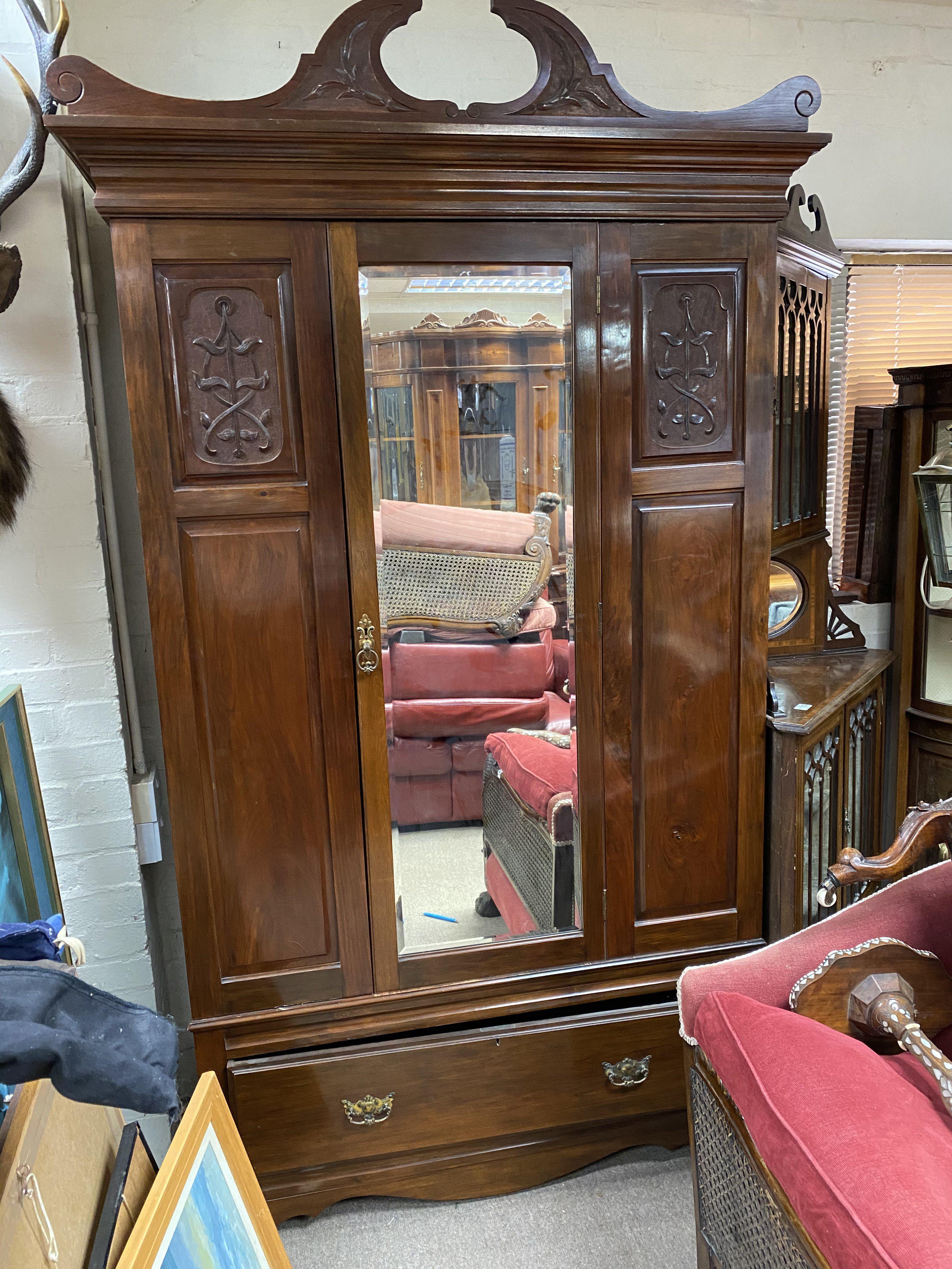 A large walnut mirror fronted single door wardrobe - NO RESERVE