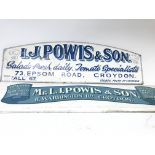 2 vintage market stall signs printed I.J.Powis and