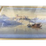 A framed water colour depicting continental lake view 30 by 20 cm .