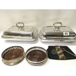 A pair of silver plated entree dishes two wine coa