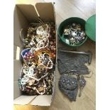A box of costume jewellery including two mesh purs