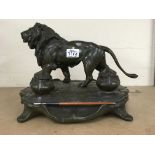 A Victorian spelter Lion desk Stand/inkwell (A/F).