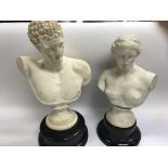 A cast bust of Hermes together with a porcelain bu