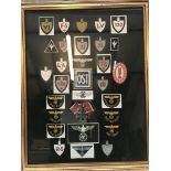A framed collection of badges.