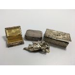 Three 20th century silver snuff or pill boxes and a silver clip in the form of a cherub (4)