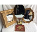 A box of mixed brassware including 3 mirrors, lamp