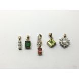 Five 9ct gold pendants set with various coloured s