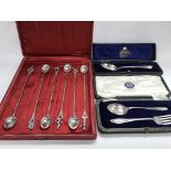 A cased set of 6 long silver spoons plus cased hal