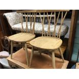 A pair of light wood Elm Ercol chairs with a match