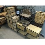 A collection of modern metal and wicker storage units and a conforming modern lamp.