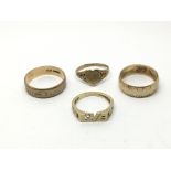 Four worn 9ct gold rings, approx 11.6g.