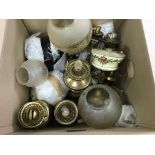 2 boxes oil lamps and parts including a box of gla