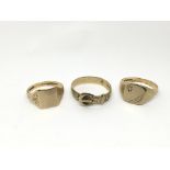 Three worn 9ct gold rings, approx 11g.