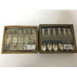 Two sets of Chinese white metal spoons in open fro