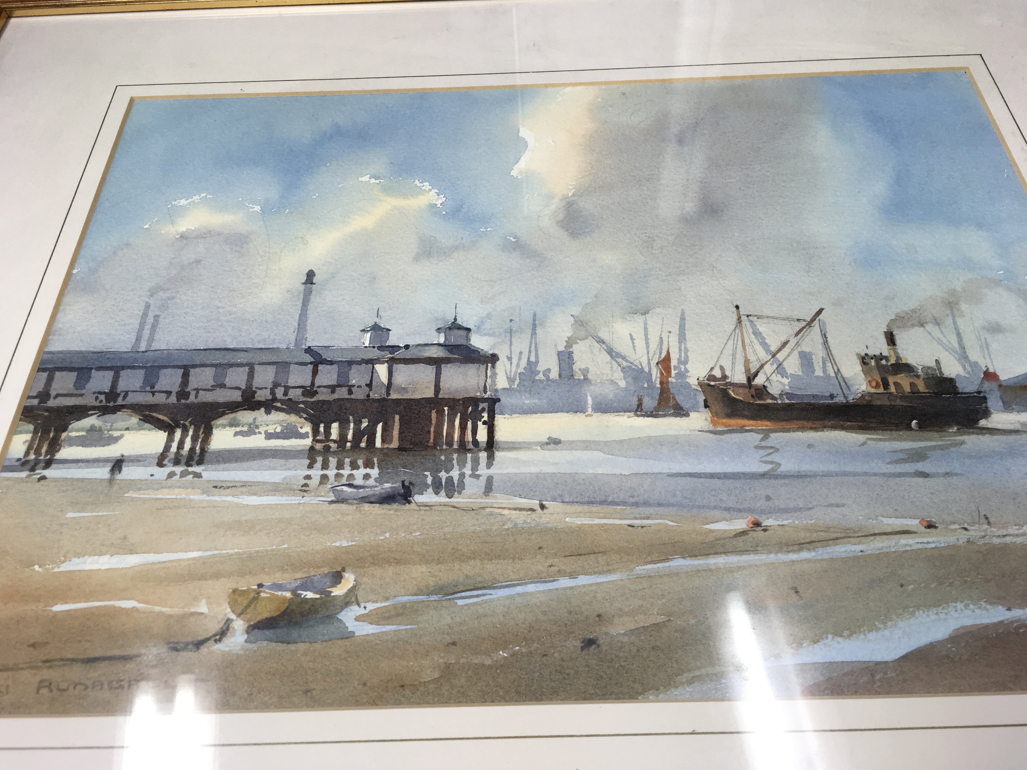 A framed watercolour off Gravesend by Alan Runagal