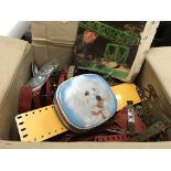 A box of Meccano, vintage dolls etc